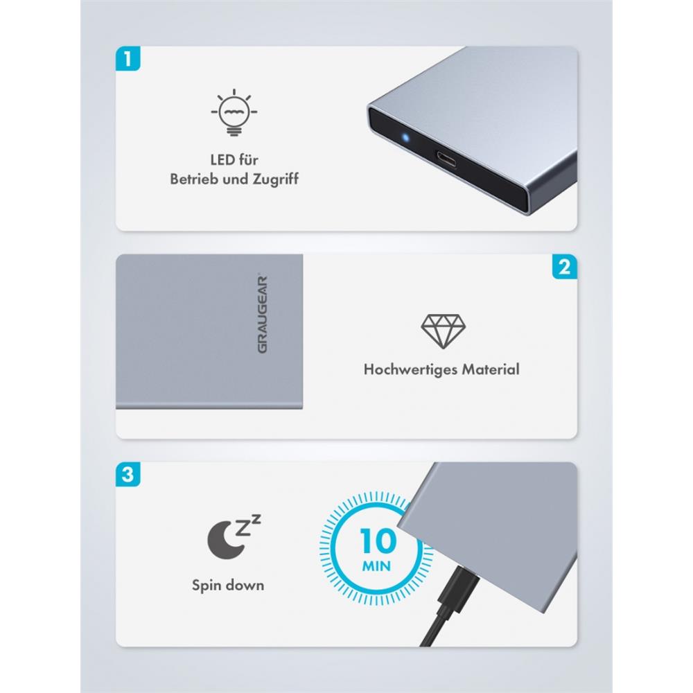 GRAUGEAR USB Type C Gehäuse für 2,5 Zoll HDD SSD Aluminium