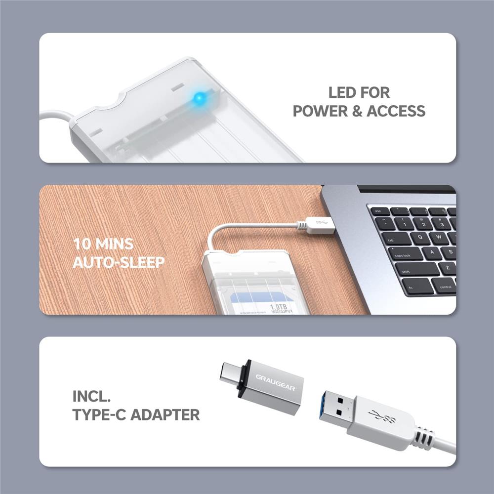 GRAUGEAR Externes Gehäuse für 2,5 Zoll SSD HDD mit USB C Adapter