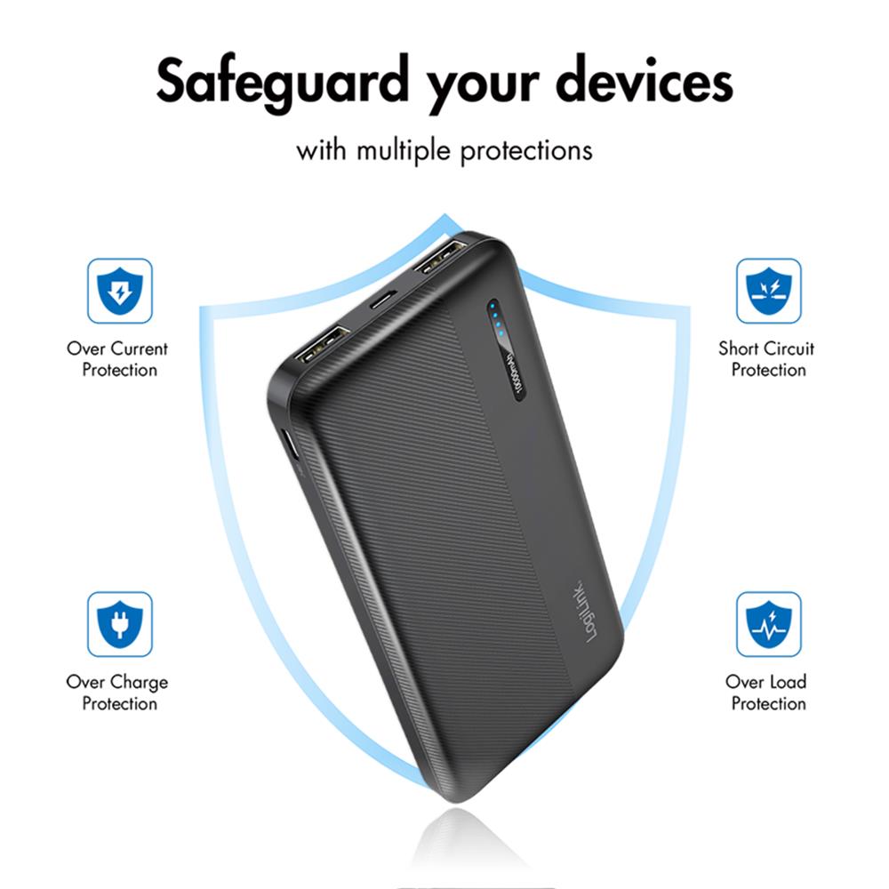 LogiLink Powerbank 10.000 mAh, 2× USB-A, 1× USB-C, Schnellladen, Schwarz