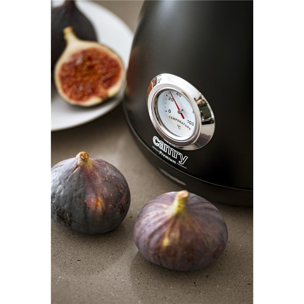 Camry CR 1344b Retro Wasserkocher mit Thermometer, 1,7 L Edelstahl Wasserkocher mit analoger Temperaturanzeige, 360° Basis, Kalkfilter, Teekocher für Tee, Kaffee, Schwarz