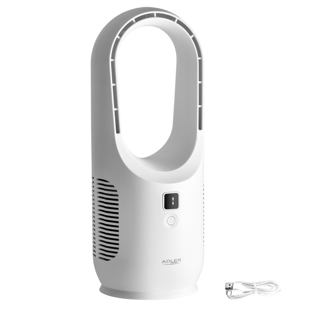 Adler AD 7343 USB-Tischventilator ohne Rotorblätter, kabellos, leise, mit Akku, LED-Display und 3 Geschwindigkeitsstufen, modern, Weiß
