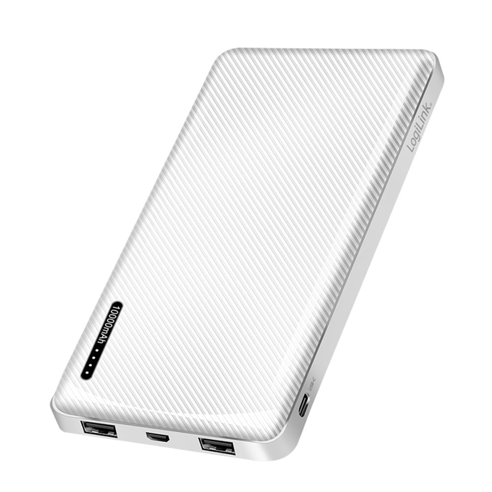 LogiLink Powerbank 10.000 mAh, 2× USB-A & 1× USB-C, Schnellladen, Weiß
