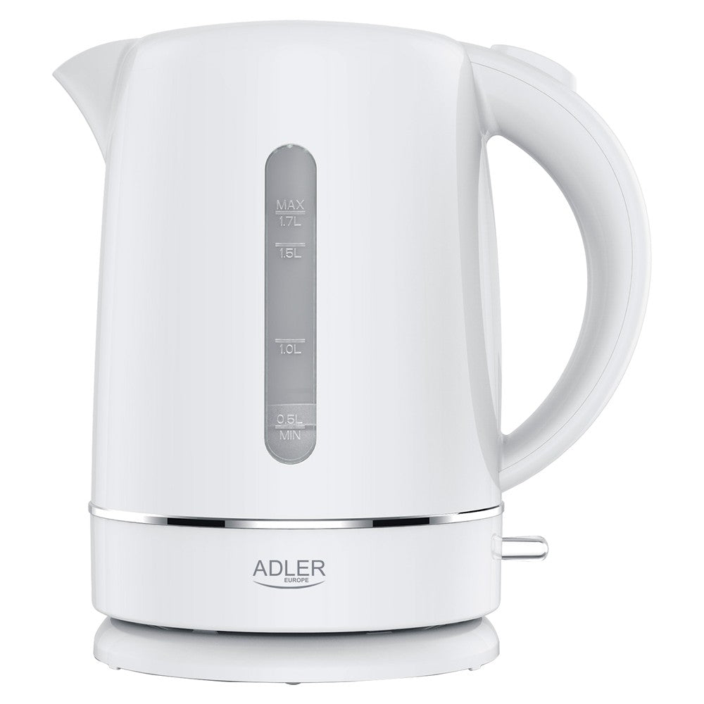 Adler AD 1385 Wasserkocher weiß 1,7 l mit Kalkfilter, flachem Edelstahl-Heizelement, 360°-Sockel und Wasserstandsanzeige