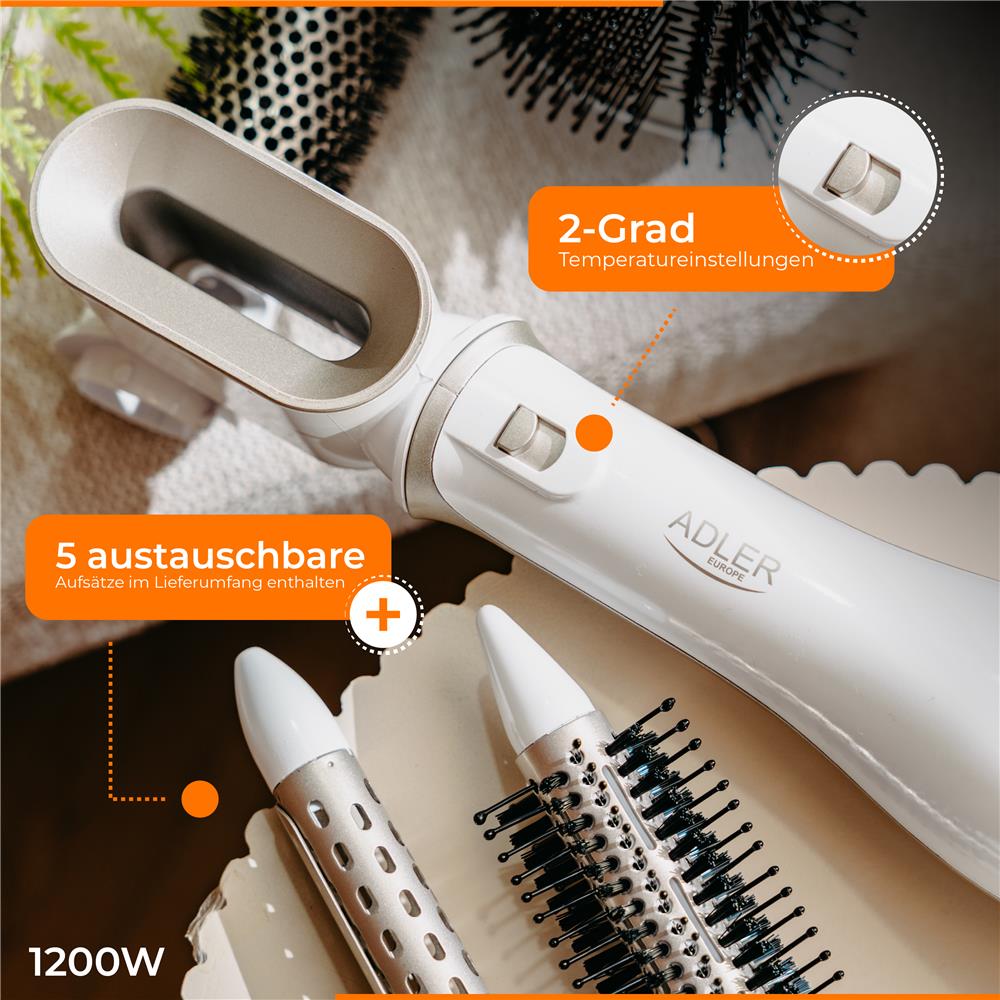 Adler AD 2027 Weiß champagne Haar styler 5 in 1 1200W Kaltlufttaste 2 Temperatureinstellungen Lockenstab Rundbürste