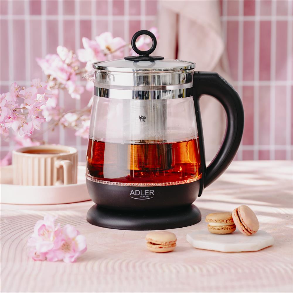 Adler AD 1299 Black Glas-Wasserkocher mit Temperaturregelung, Teesieb, LED-Beleuchtung, 1,5 L