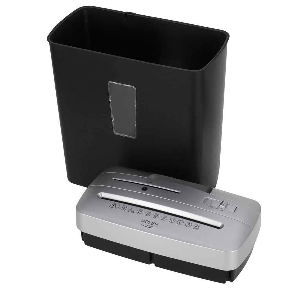 Adler AD 1037 Aktenvernichter P-4, Dokumentenschredder für Büro und Homeoffice, 6 Blatt A4, 13 L Behälter, Kreditkarten, CD/DVD, Rücklauf, Schwarz Silber