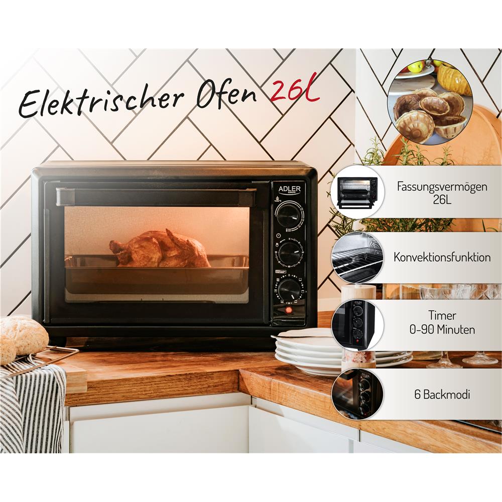 Adler AD 6023 Mini Backofen 26 L mit Umluft Timer und Backblech Schwarz