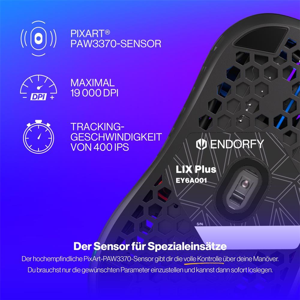 ENDORFY LIX Plus, Ultraleichte Gaming-Maus (59 g), 19000 DPI, Schwarz | EY6A001