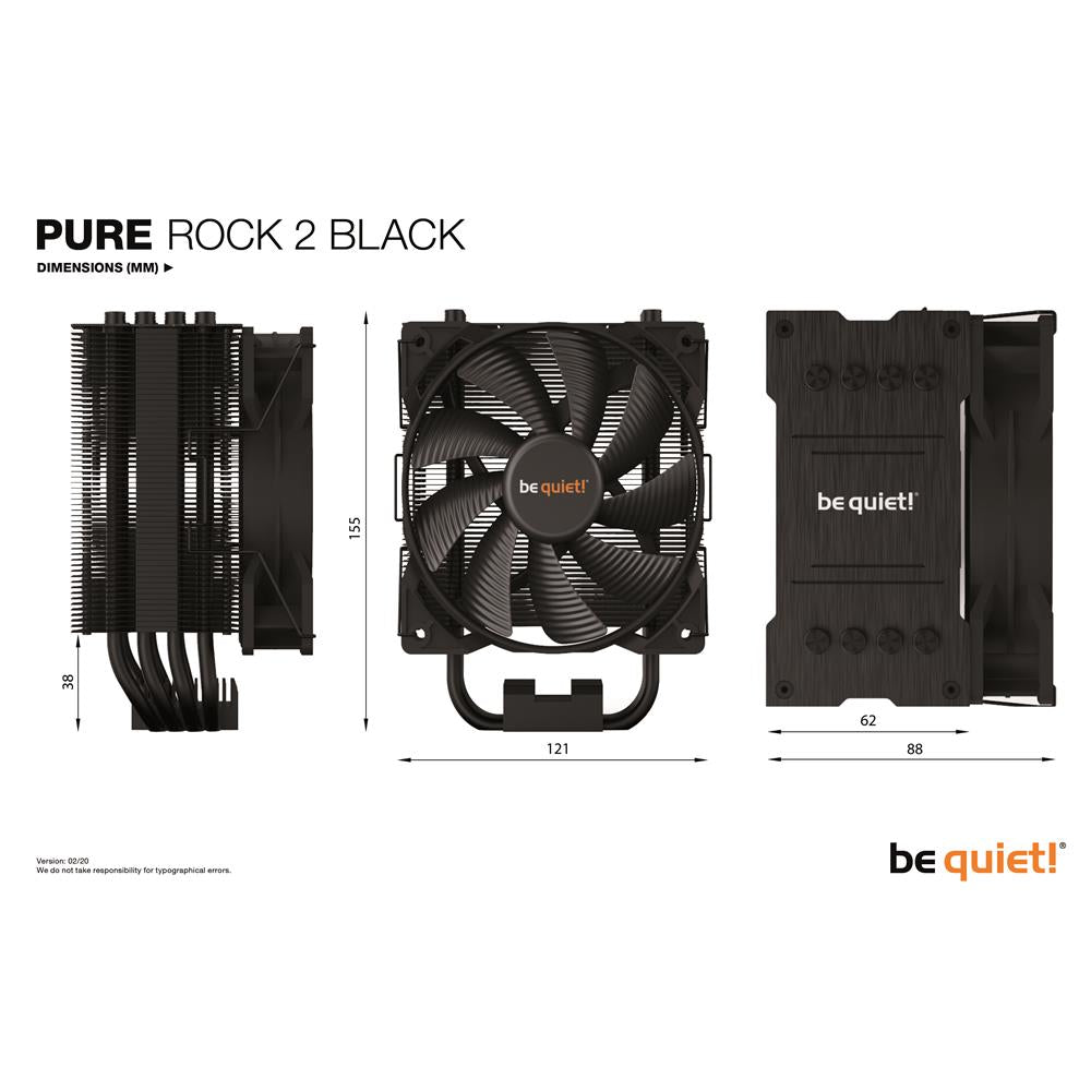 be quiet! Pure Rock 2 BLACK Luftkühler CPU-Kühler 150W TDP Kühlleistung 6mm-Heatpipes