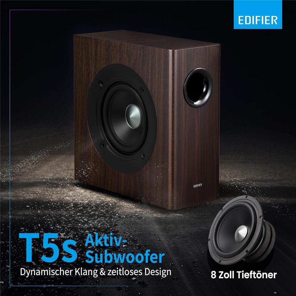 Edifier T5s – Aktiver 8" Subwoofer, 70W RMS, 35 Hz Bass, Braun Holzoptik