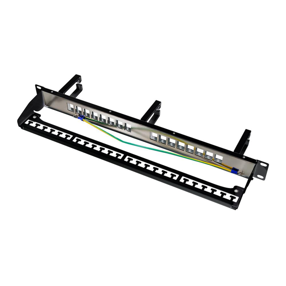 LogiLink 19" Keystone Panel 16-Port – Geschirmt, mit Kabelmanagement-Bügeln, Schwarz
