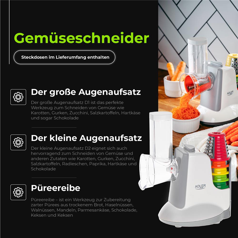Adler AD 4815 LG elektrischer Gemüseschneider – 5 Aufsätze, kompakt & leistungsstark