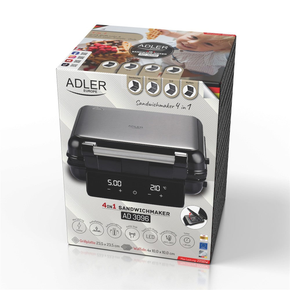 Adler AD 3096 4-in-1 Sandwichmaker, Sandwichtoaster mit Wechselplatten, Waffeleisen, Kontaktgrill, LED-Touchdisplay, Timer, Temperaturregelung, Antihaftbeschichtung, Schwarz/Silber