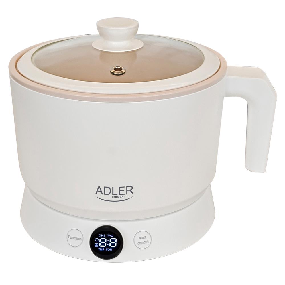 Adler AD 6422 Multikocher 1,0 L, 800 W, 4 Kochmodi, LED-Touch-Display, Warmhaltefunktion bis 12 Std., Dampfgaraufsatz, Glasdeckel, Antihaftbeschichtung