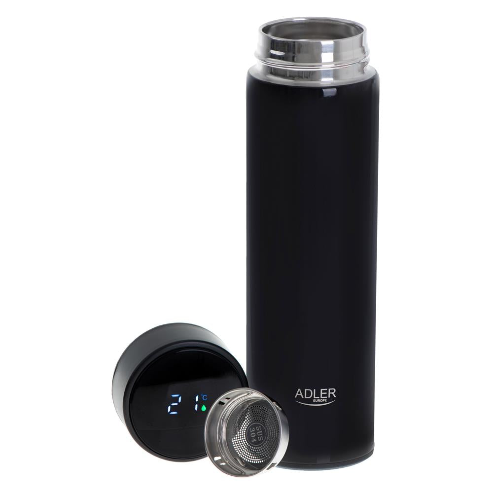 Adler Thermosflasche, 473ml, Schwarz, Trinkflasche mit LED-Temperaturanzeige