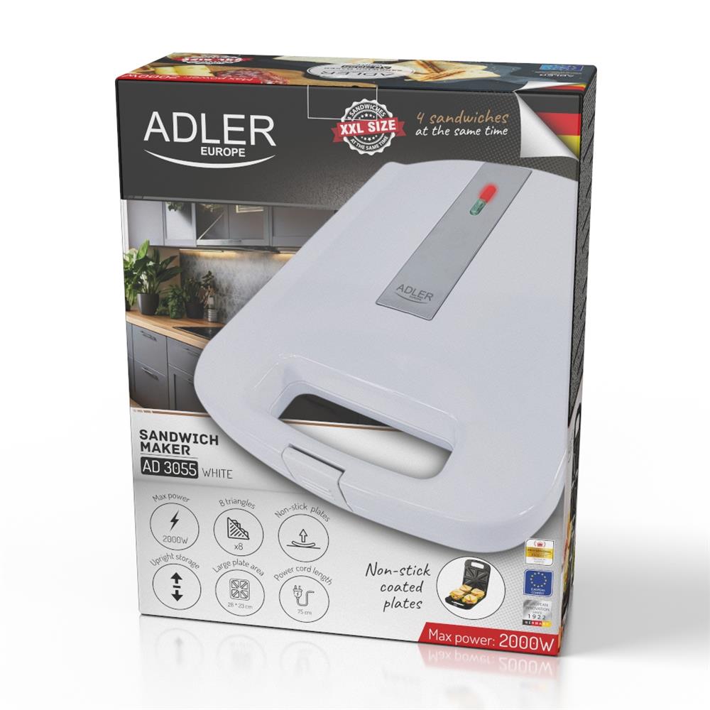 Adler AD 3055 Sandwichmaker für 4 Sandwiches mit Antihaftbeschichtung Weiß