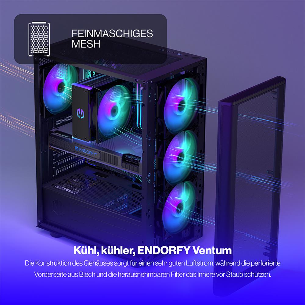 ENDORFY Ventum 200 ARGB, ATX PC-Gehäuse, inkl. 4x 120mm ARGB Lüfter, Frontblende aus Mesh, Seitenteil aus gehärtetem Glas | EY2A014