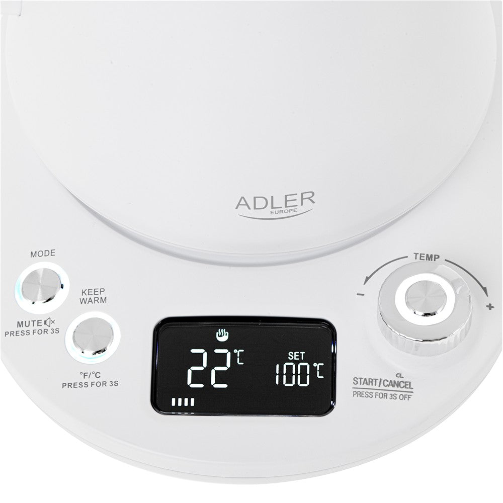 Adler AD 1349 Schwanenhals-Wasserkocher 1 L, elektrischer Schwanenhalskessel mit LED-Display, Temperaturregelung 40-100 °C, Warmhaltefunktion, 360° Basis, Weiß/Silber