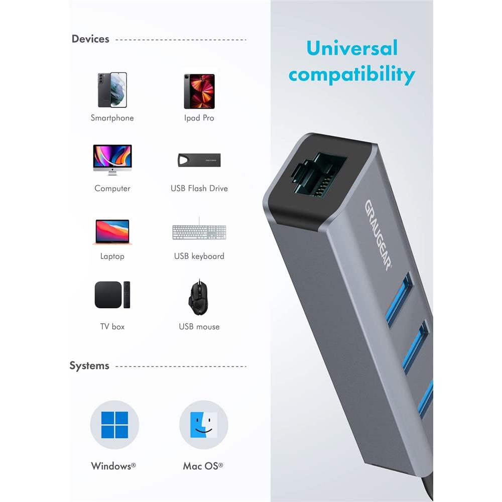 GRAUGEAR USB Hub mit 3 Ports und Gigabit LAN Aluminium