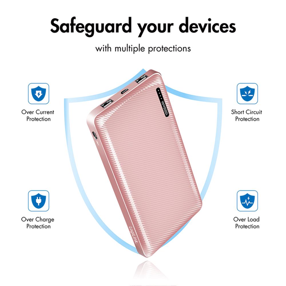 LogiLink Powerbank 10.000 mAh, 2× USB-A & 1× USB-C, Schnellladen, Roségold