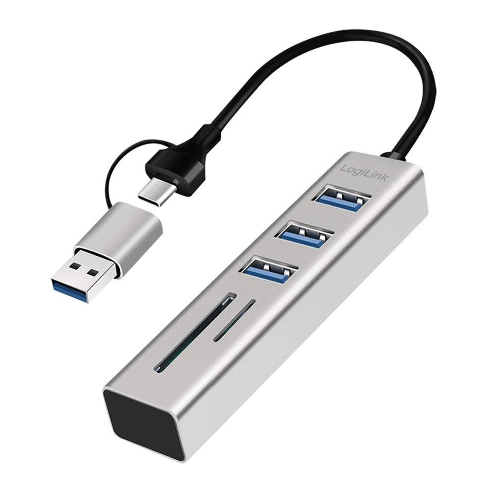 LogiLink USB 3.0 Hub mit Kartenleser, 3 Ports, 2-in-1 Kabel, Silber