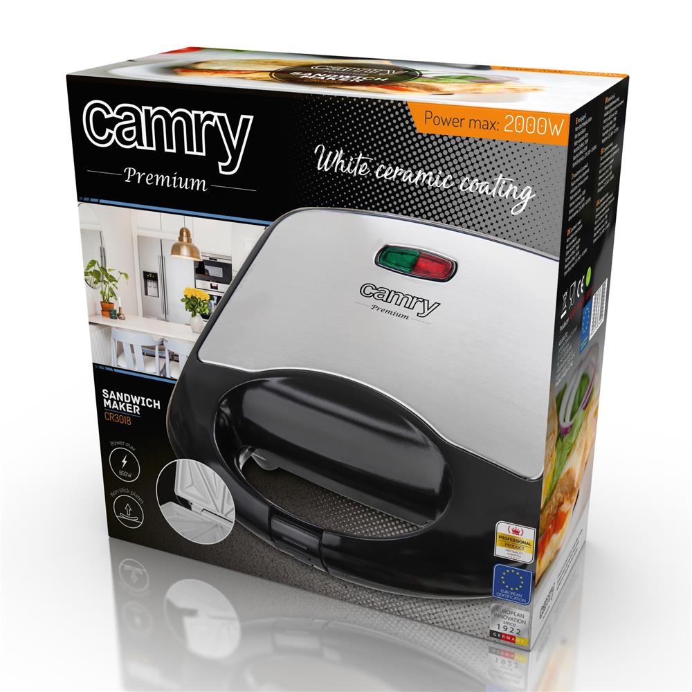 Camry CR 3018 Sandwichmaker mit Keramikbeschichtung Schwarz Silber