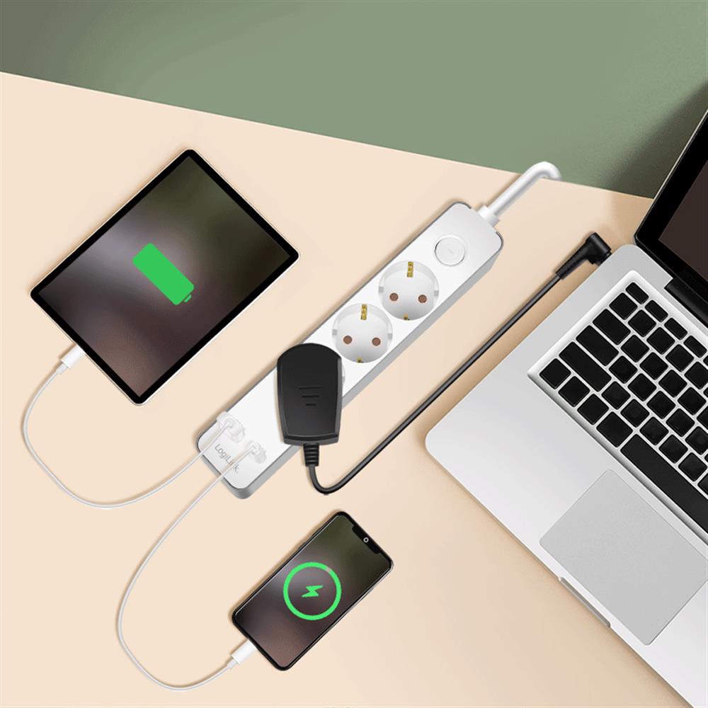 LogiLink Steckdosenleiste 3-fach mit USB-A & USB-C Schnellladefunktion, 1,4 m, Weiß