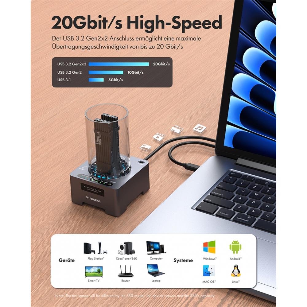 GRAUGEAR USB 3.2 Gen 2x2 NVMe Klonstation für 2 M.2 SSDs