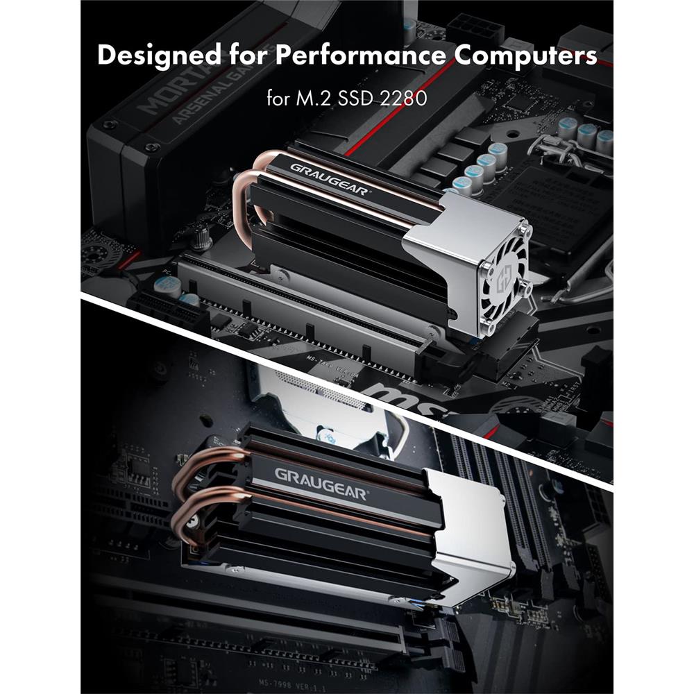 GRAUGEAR Heatpipe Kühler für M.2 NVMe 2280 SSD mit PWM Lüfter