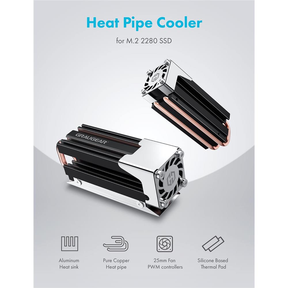 GRAUGEAR Heatpipe Kühler für M.2 NVMe 2280 SSD mit PWM Lüfter