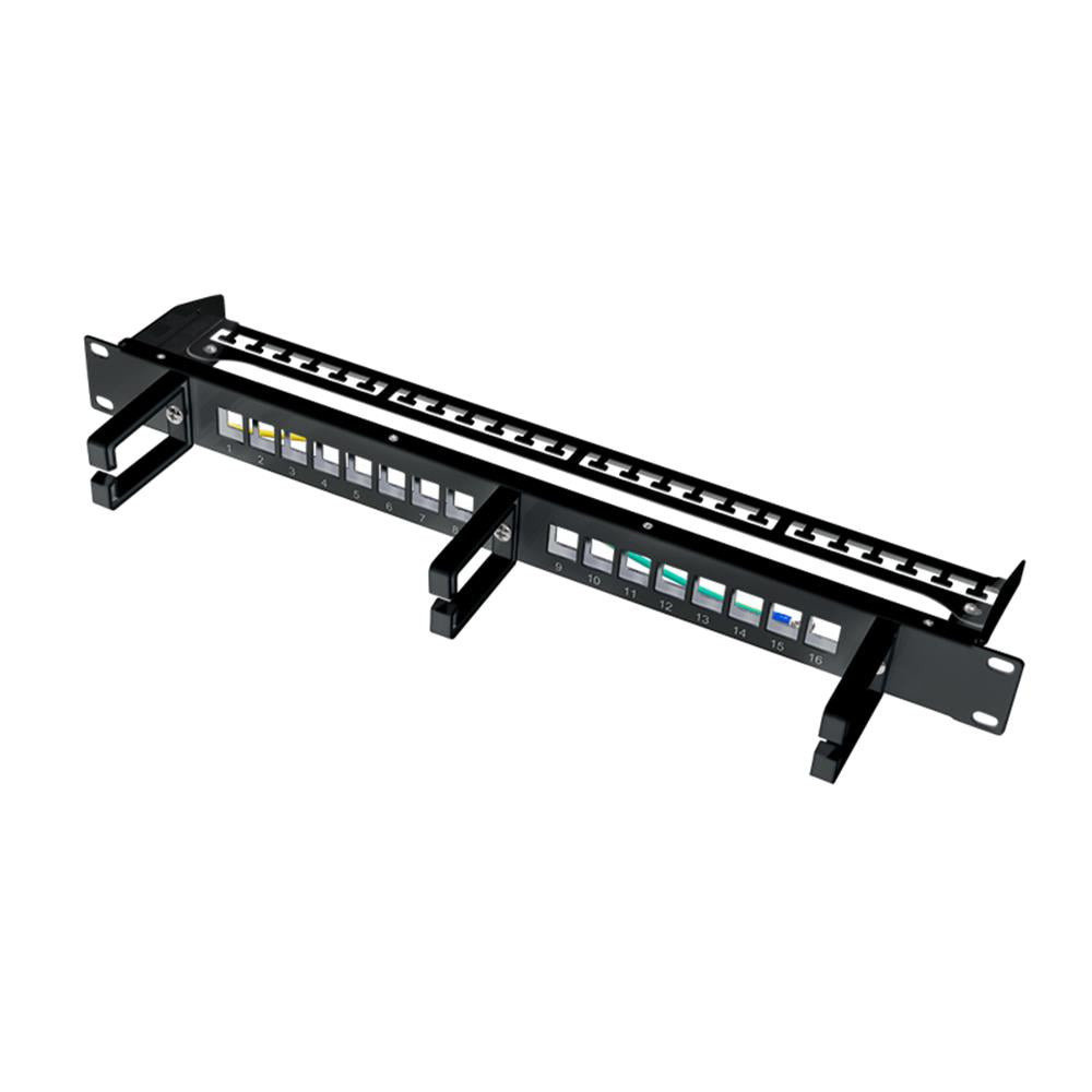 LogiLink 19" Keystone Panel 16-Port – Geschirmt, mit Kabelmanagement-Bügeln, Schwarz
