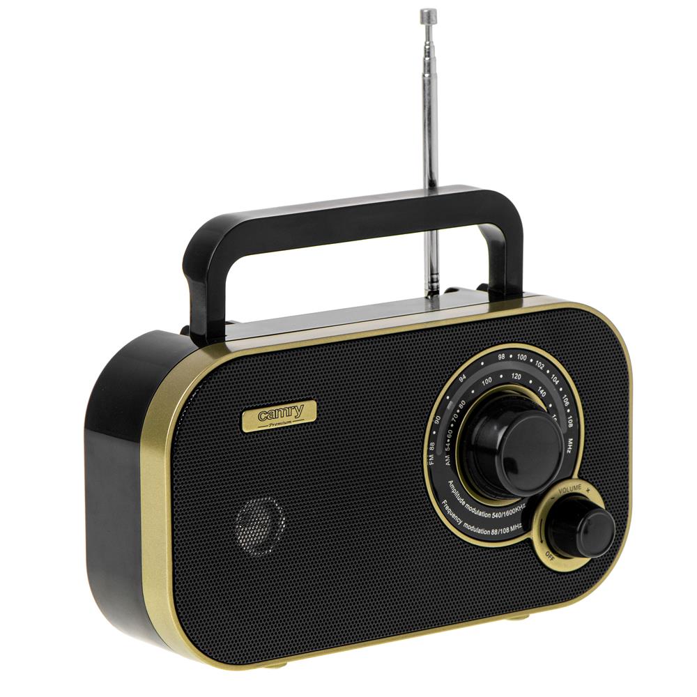 Camry CR 1910g tragbares Radio, FM/AM Kofferradio mit 2 W Lautsprecher, Netz- und Batteriebetrieb, 3,5 mm Kopfhöreranschluss, Teleskopantenne, schwarz/gold