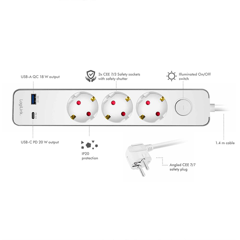 LogiLink Steckdosenleiste 3-fach mit USB-A & USB-C Schnellladefunktion, 1,4 m, Weiß