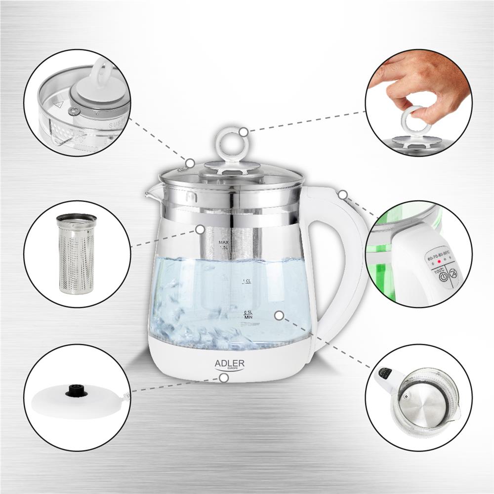 Adler AD 1299 Wasserkocher aus Glas, 1,5 Liter, 2200 Watt, mit Temperaturregler und LED Beleuchtung