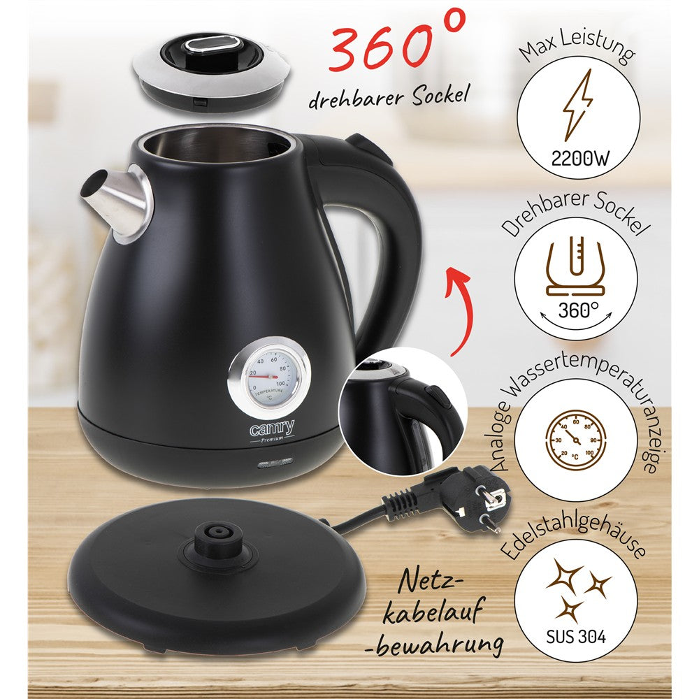 Camry CR 1344b Retro Wasserkocher mit Thermometer, 1,7 L Edelstahl Wasserkocher mit analoger Temperaturanzeige, 360° Basis, Kalkfilter, Teekocher für Tee, Kaffee, Schwarz