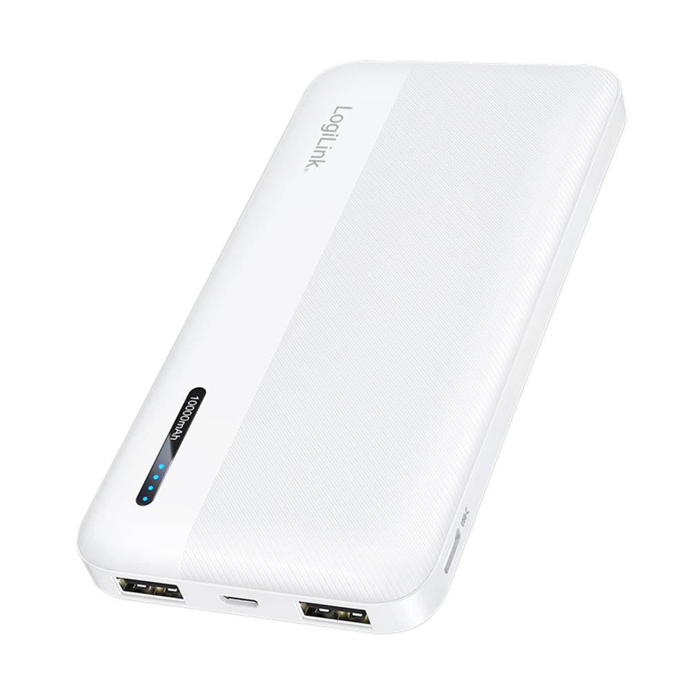 LogiLink Powerbank 10.000 mAh, 2× USB-A, 1× USB-C, Schnellladen, Weiß