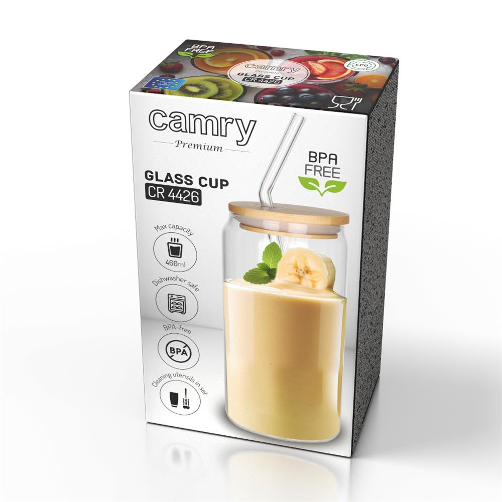 Camry CR 4426 Glasbecher mit Strohhalm und Reinigungsbürste für heiße und kalte Getränke