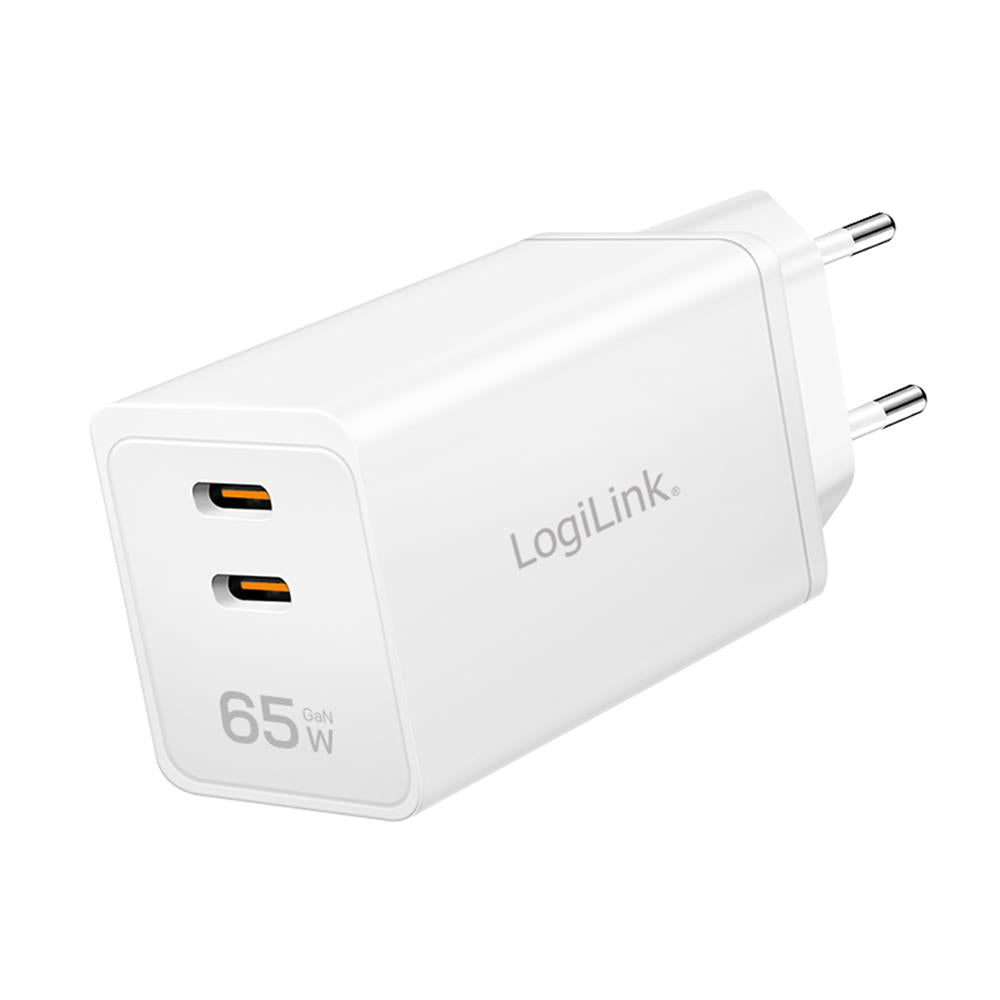 LogiLink Dual-USB-Steckdosenadapter, GaN, 65 W, 2x USB-C PD/QC, Weiß