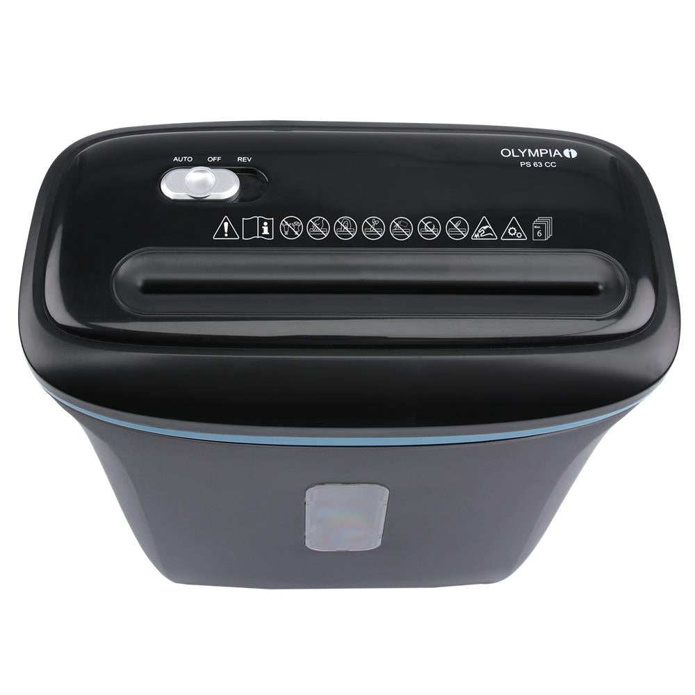 Olympia Aktenvernichter PS 63 CC - für Papier und Kreditkarten, Sicherheitsstufe P4, Partikelschnitt, 6 Blatt, 12 Liter, Schwarz