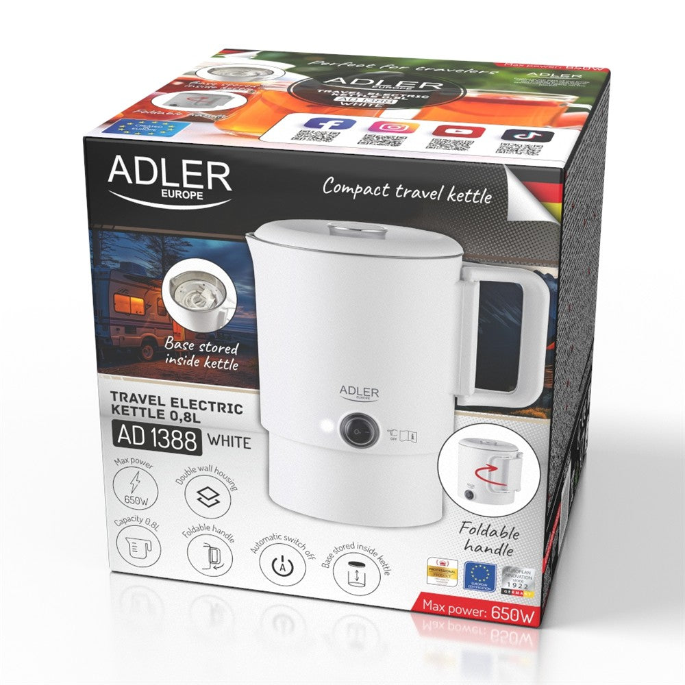 Adler AD 1388w Reisewasserkocher 0,8L kompakt leicht klappbarer Griff Weiß Camping