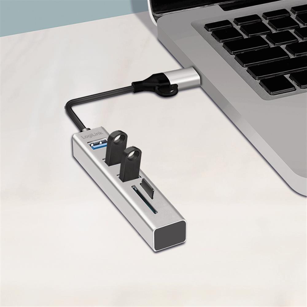 LogiLink USB 3.0 Hub mit Kartenleser, 3 Ports, 2-in-1 Kabel, Silber