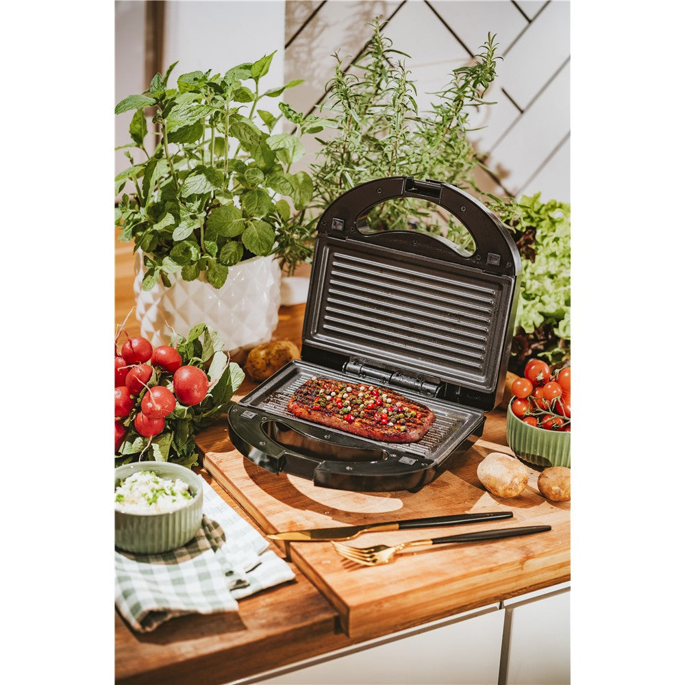 Camry CR 3063 Sandwichmaker 3-in-1, Kontaktgrill und Nusskuchen-Maker, wechselbare Antihaft-Platten, 750 W, Cool-Touch-Griff, vertikal lagerbar, Schwarz-Silber