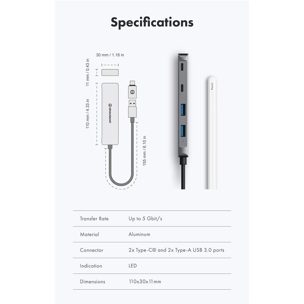 GRAUGEAR USB 3.0 Hub 4 Port 2x USB C 2x USB A Aluminium