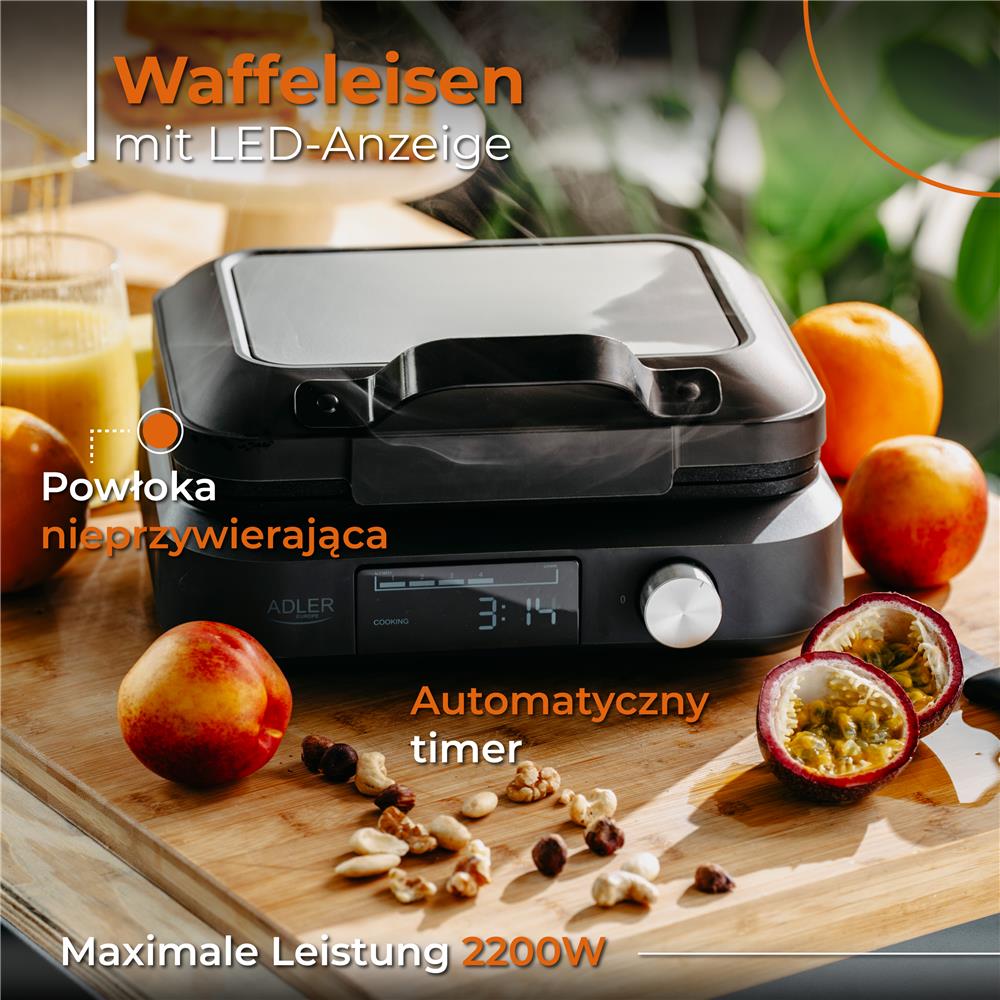 Adler AD 3087 Waffeleisen mit LED-Anzeige, 6 Bräunungsstufen, Antihaftplatten, 2200 W