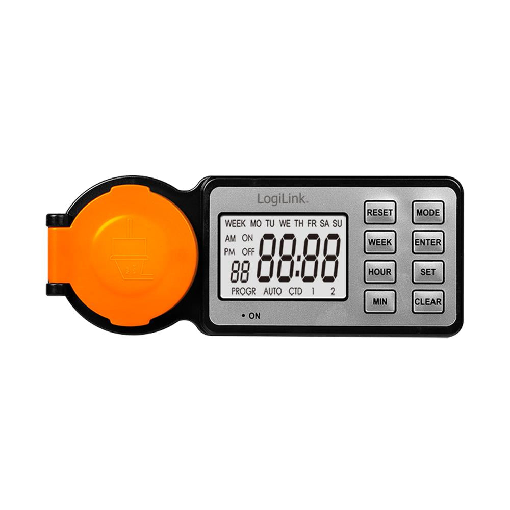 LogiLink Outdoor-Zeitschaltuhr mit LCD-Display, IP44, 3600 W, Schwarz/Orange