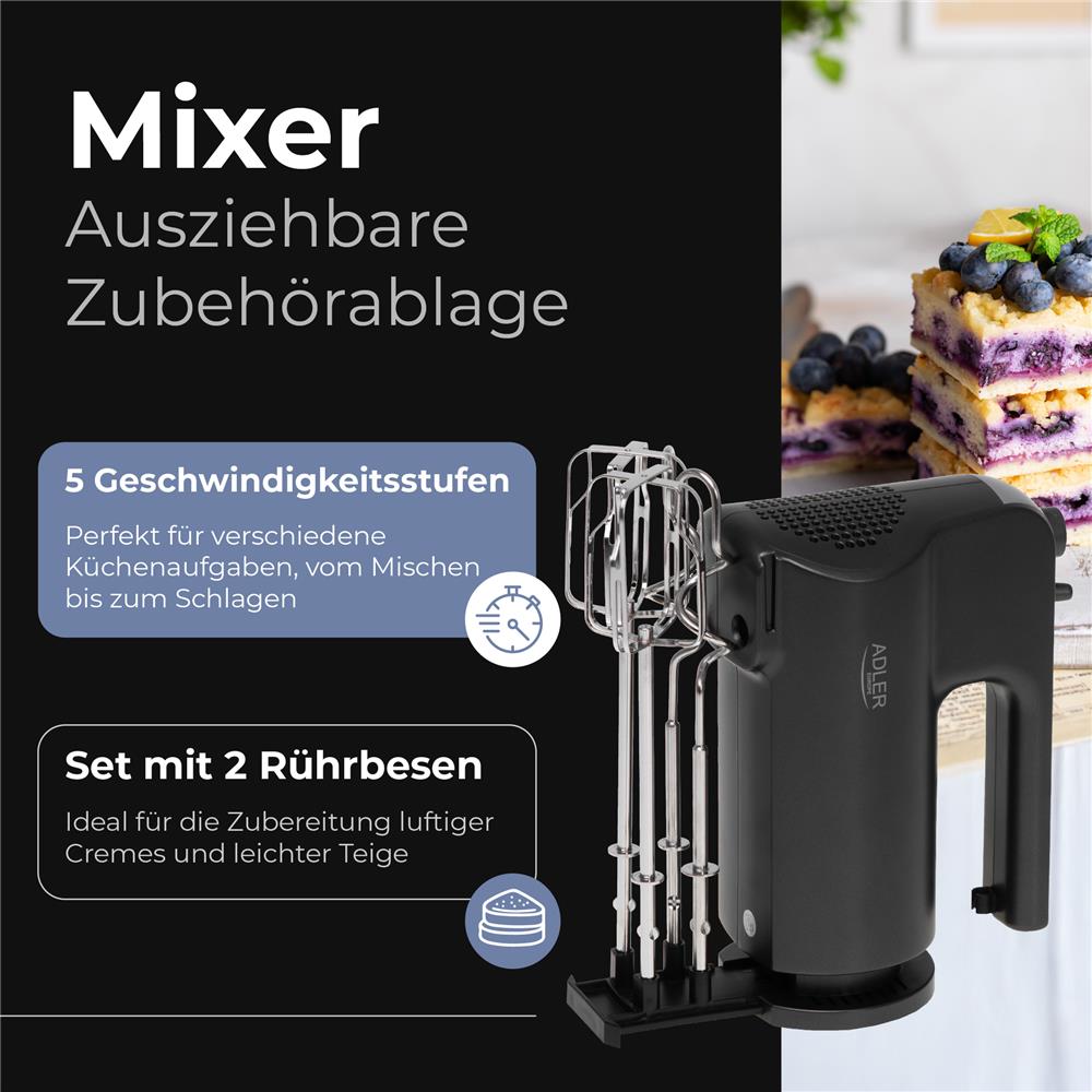 Adler AD 4230 Handmixer 5 Geschwindigkeiten Turbo Mixer Knethaken schwarz