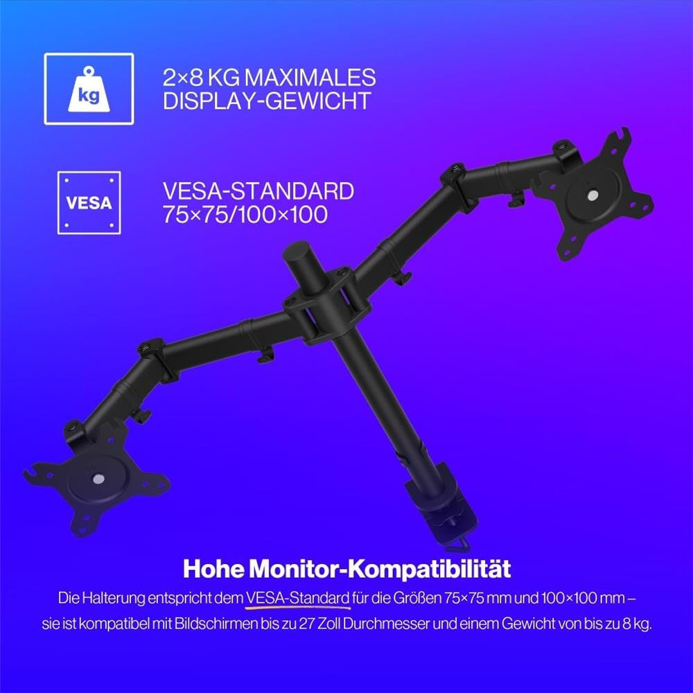 ENDORFY Atlas Double Monitorhalterung für 2 Monitore bis 27 Zoll Schwarz