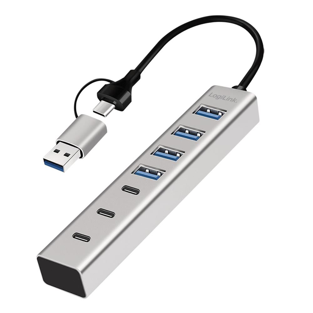LogiLink USB 3.0 Hub, 7 Ports (4x USB-A, 3x USB-C), 2-in-1 Kabel, Silber