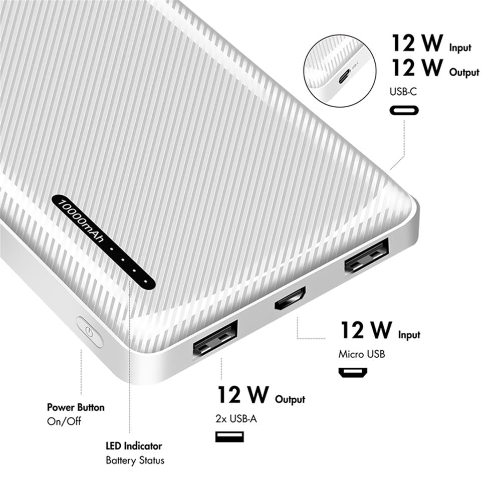 LogiLink Powerbank 10.000 mAh, 2× USB-A & 1× USB-C, Schnellladen, Weiß