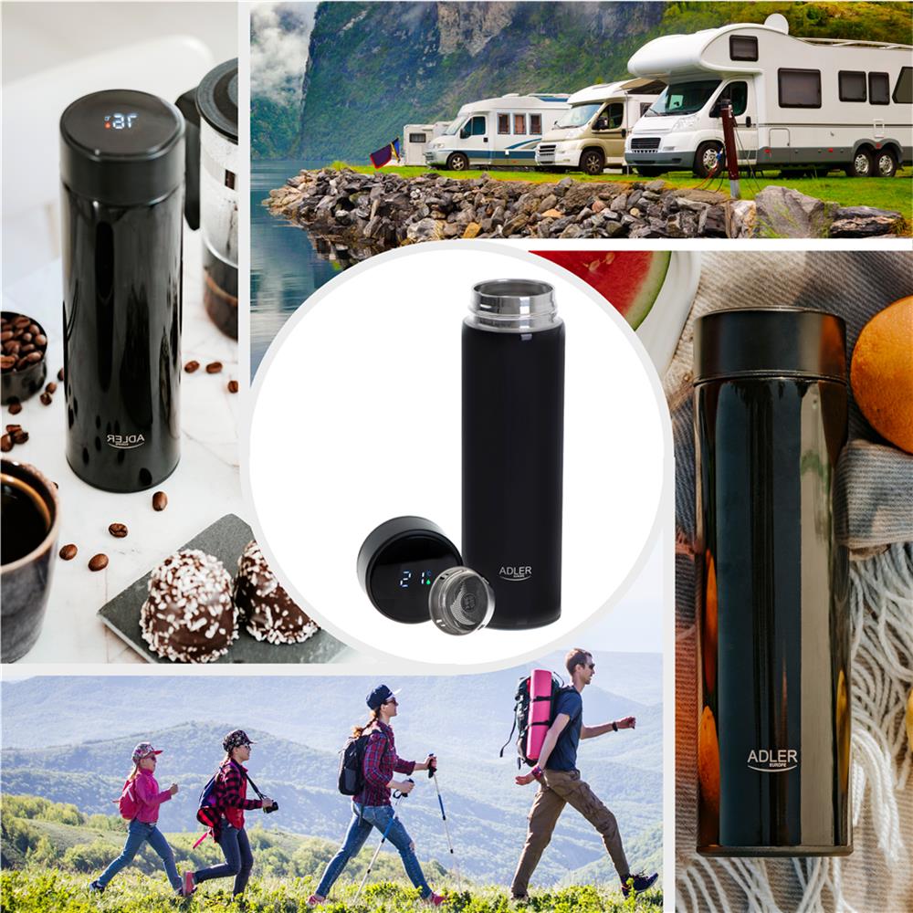 Adler Thermosflasche, 473ml, Schwarz, Trinkflasche mit LED-Temperaturanzeige